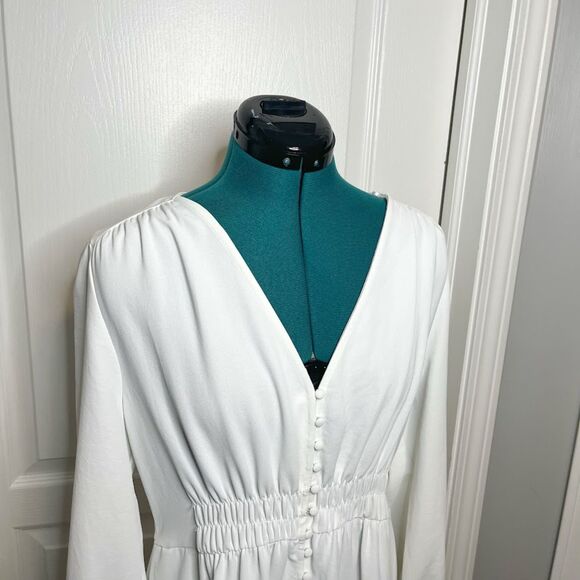 Zara Midi V Neck Button Down Front Smocked Polyester Textured Long Sleeve Dress - Picture 5 of 15